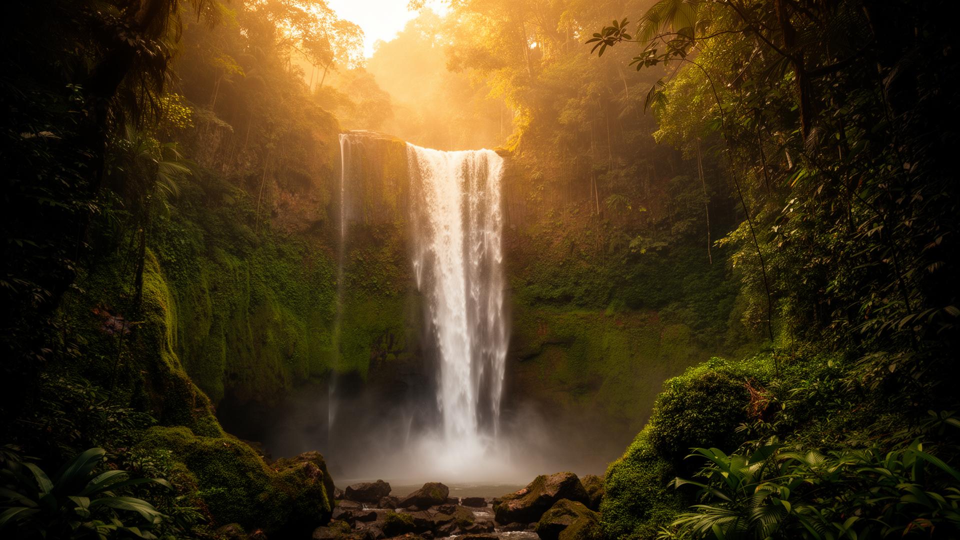 Cinematic waterfall cascading through lush rainforest at golden hour
